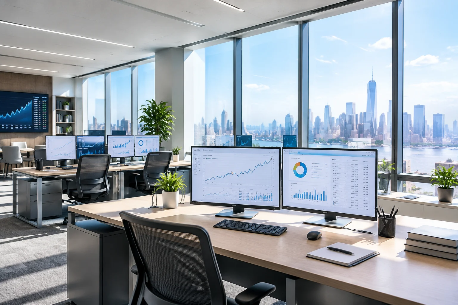 Financial analytics floor and enterprise technology monitors